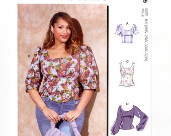 Blusas ajustadas talla 26-32W con escote redondo y opciones de manga, patrón de costura sin cortar.