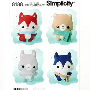 May include: Simplicity pattern 8188 features four plush animal designs: a red fox, a tan bear, a gray bunny, and a blue and white husky. Each plush has a scarf. The pattern is one size and designed by Teacup Lion Designs.