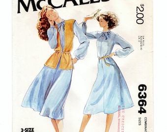 Size 14-18 Long Sleeve Dress w/ Hip Length Vest, Unused Sewing Pattern, Vintage 70s