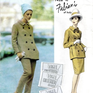 May include: Vintage Vogue Couturier Design sewing pattern featuring a double-breasted coat and pants ensemble. The pattern includes a sketch of a woman in a matching skirt suit. The text reads "1428 by Fabiani of Italy."