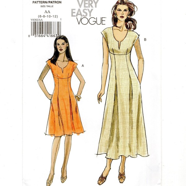 Size 6-12 Empire Waist Dress in 2 Lengths, Cap Sleeves, Back Zip, Very Easy Vogue Uncut Sewing Pattern