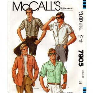 May include: A sewing pattern for shirts, McCall's pattern number 7905, size 38. The pattern shows four different shirt styles, including a striped shirt, a white shirt, a red shirt, and a green shirt.