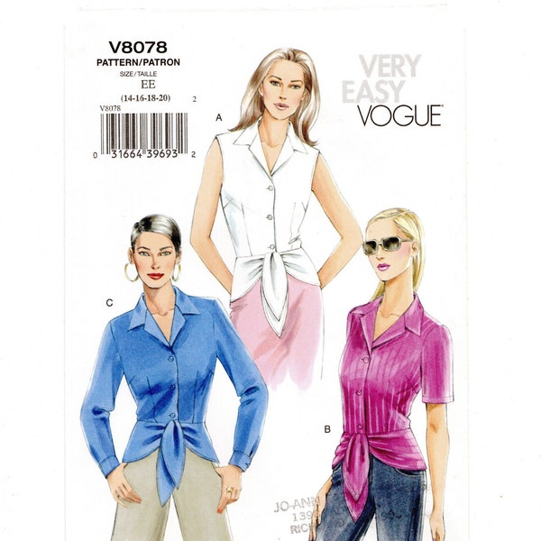 Size 14-20 Fitted Blouses w/ Tied Peplum, Sleeve Options, Uncut Vogue Sewing Pattern