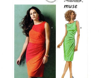Patrón de costura sin cortes para vestidos sin mangas, talla 14-22, jersey, forrado con pliegues en el lado izquierdo.