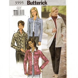 May include: A Butterick sewing pattern featuring four jacket designs. The jackets include a light blue denim jacket, a patterned pink jacket, a patterned green jacket, and a beige jacket with a white faux fur lining. The pattern number is 3595.