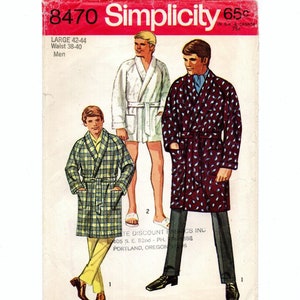 Size 42-44 Mens Shawl Collar Robe in 2 Lengths, Classic Smoking Jacket, Pre-Cut Sewing Pattern is Vintage 60s