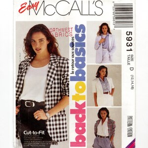 May include: McCall's sewing pattern featuring a woman in a black and white checkered blazer. The pattern includes images of different blazer styles and the text "back to basics". The pattern size is D (12, 14, 16).