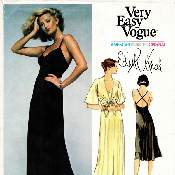 Size 8 Edith Head Designer Dress with Jacket, Shoulder Straps Cross in Back, 2 Lengths, Vintage Vogue Sewing Pattern, Dress is Uncut