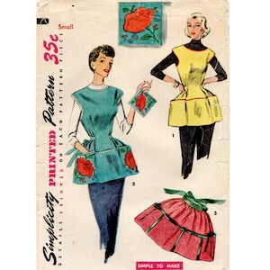 May include: Vintage sewing pattern for three aprons. The pattern includes a yellow apron with a gathered skirt, a turquoise apron with a gathered skirt and pockets, and a pink apron with a gathered skirt and a bow.