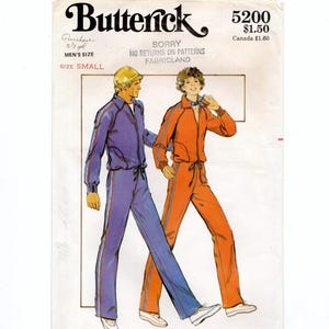 May include: Vintage Butterick sewing pattern 5200 for men's small tracksuits. The illustration shows a purple tracksuit with blue accents and an orange tracksuit with red accents. The pattern includes the text "Sorry, No Returns on Patterns".