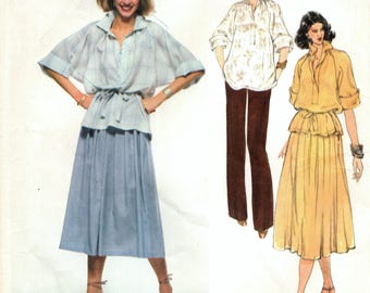 Size 12 Pullover Top w/ Raglan Sleeves, Pleated Skirt & Straight Leg Pants, Pre-Cut Sewing Pattern, 1980s Renata for Vogue French Boutique