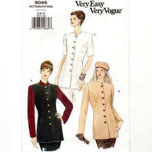 May include: A Very Easy Very Vogue sewing pattern 9045 for sizes 6-8-10. The illustration shows three jacket variations: a white short-sleeved jacket, a black jacket with red sleeves, and a tan jacket with a matching hat, all featuring front buttons.