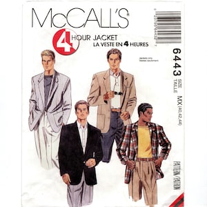 May include: A sewing pattern for a jacket, McCall's pattern number 6443, size MX (40, 42, 44). The pattern shows four different men wearing jackets in various colors and patterns. The text "4 Hour Jacket" and "La Veste en 4 Heures" is printed on the pattern.