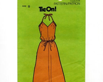 Size S 8-10 Pullover Halter Dress w/ V Neckline & Elastic at Waist, Uncut Sewing Pattern, Vintage 70s