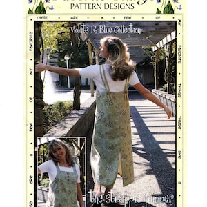 May include: A pattern design titled "Favorite Things" features a woman wearing a floral print jumper. The text "Violets R. Blue Collection" and "the strappie jumper" are also visible. The design includes a smaller inset image of the jumper.