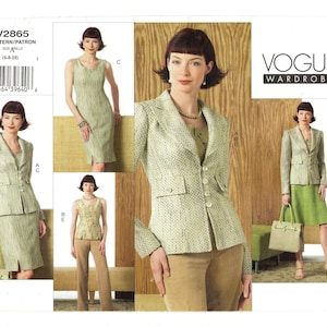 May include: Vogue Wardrobe sewing pattern V2865. The image shows a woman wearing a light green suit, a dress, and a top with pants. The pattern includes a jacket, skirt, dress, and top. The pattern size is 6-8-10.