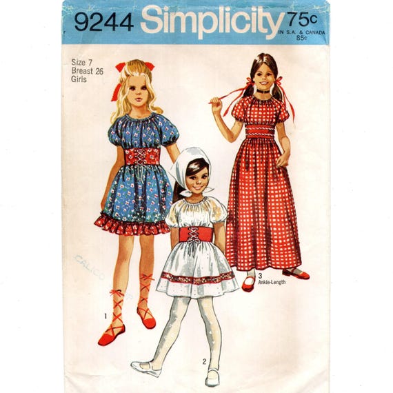 Size 7 Girls Peasant Dress in 2 Lengths w/ Midriff Band & Trim Options,  Pre-Cut Sewing Pattern