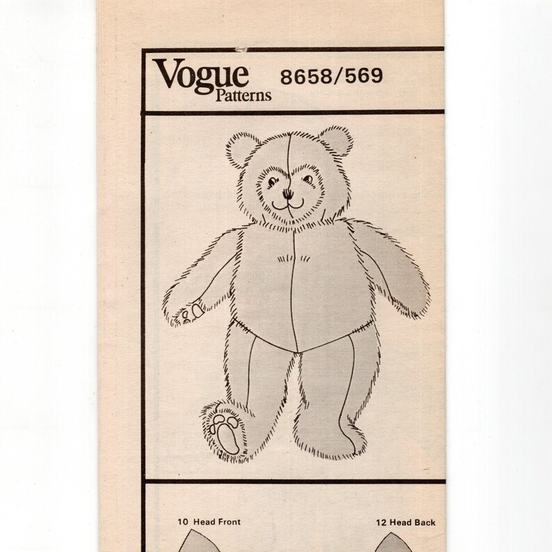 May include: A vintage Vogue Patterns sewing pattern featuring a teddy bear design. The pattern number is 8658/569. The illustration shows a detailed outline of the bear with its arms and legs extended. The bear has a smiling face and is ready to be sewn.