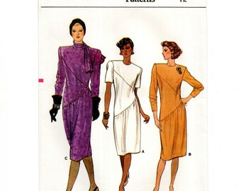Size 12 Fitted Dress w/ Diagonal Seams, Sleeve & Collar Options, Uncut Vogue Sewing Pattern, 1990s