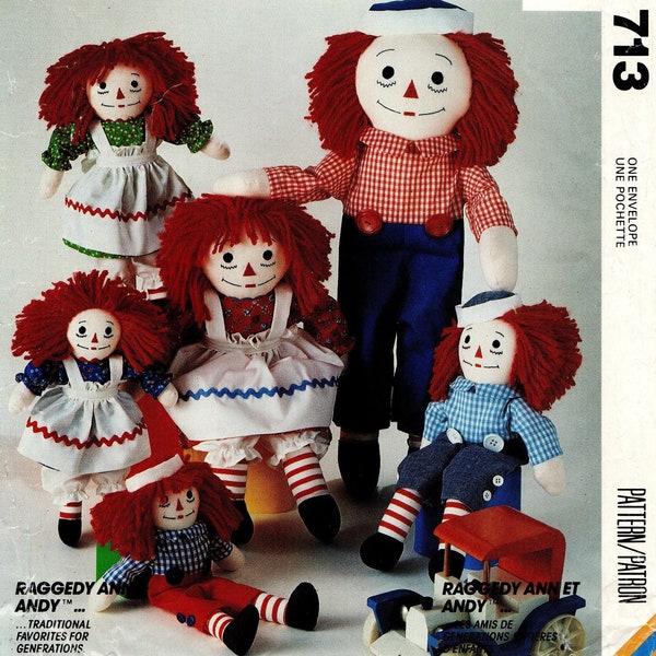 4 Sizes Raggedy Ann & Andy Doll Pattern w/ Clothing, 1990s Uncut Sewing Pattern