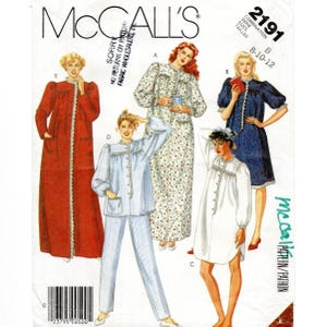 May include: McCall's sewing pattern 2191 for sleepwear in sizes 8-10-12. The envelope features illustrations of five garments: a long red robe, a floral print long gown, a blue floral short gown, a white short gown, and blue striped pajamas.