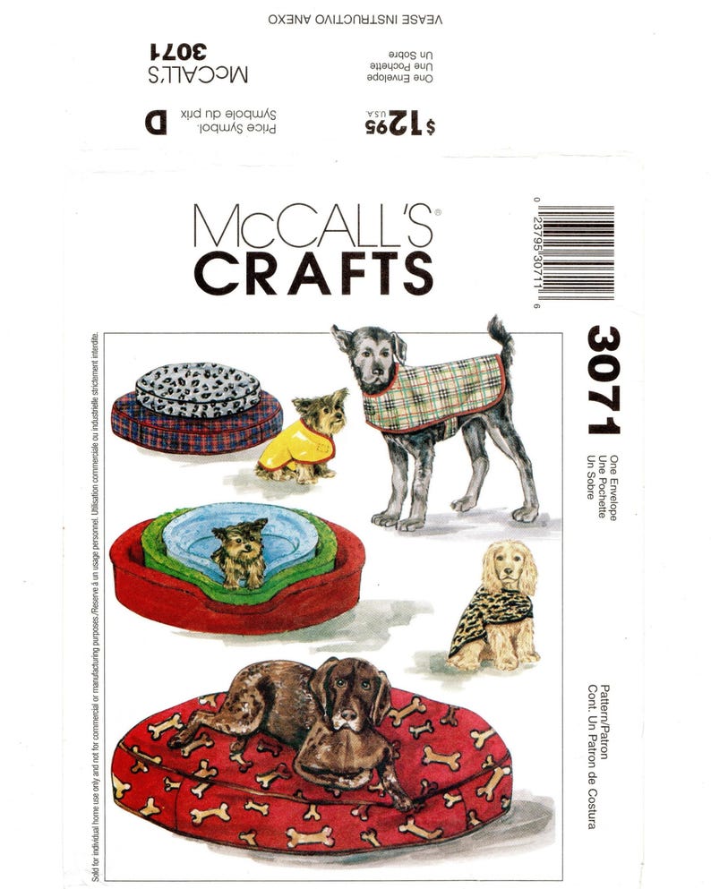 May include: McCall's Crafts pattern 3071. The image shows illustrations of dogs wearing coats and sitting on dog beds. The dog beds are red, blue, and green, with bone and leopard print patterns. The pattern includes one envelope.