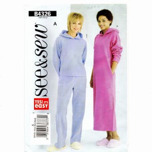 May include: A sewing pattern for loungewear, featuring a hooded sweatshirt and pants set in light blue, and a pink hooded dress. The pattern includes the text "see & sew" and "YES! It's easy". The pattern number is B4326.