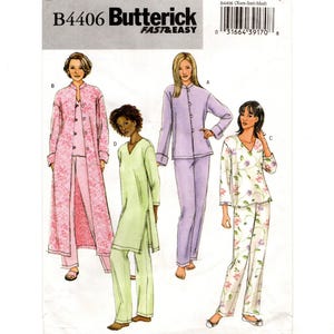May include: A sewing pattern by Butterick, B4406, featuring four pajama sets. The sets include a long pink floral robe, a lavender button-up set, a green tunic and pants, and a floral print pajama set. The pattern is labeled "Fast & Easy."