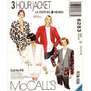 May include: A McCall's sewing pattern envelope for a 3 Hour Jacket, model 6283, size D. The cover features illustrations of four jackets: one with a leopard print, one solid red, one white with gold trim, and one with a houndstooth and floral pattern.