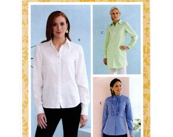 Patrón de costura sin cortar para camisas o blusas tipo túnica, tallas 14-22, con opciones de ajuste y mangas.