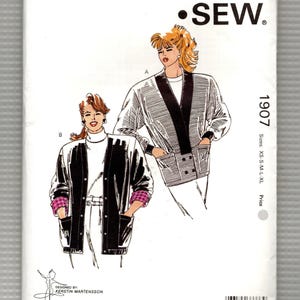May include: A vintage sewing pattern featuring two illustrated jacket designs. The pattern includes the text "SEW" at the top, with the number "1907" and size details on the right. The jackets have pockets and contrasting trim.