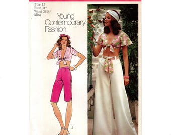 Size 12 Wide Leg Pants, Capris & Front Tie Tops, Uncut Sewing Pattern, 1970s