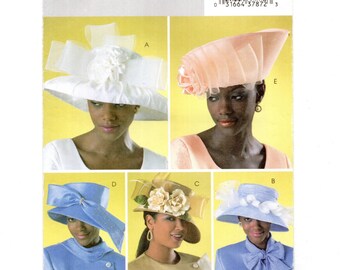 Sombreros forrados tallas S-M-L, variaciones de ala y copa, con lazos y detalles florales, patrón de costura sin cortar.