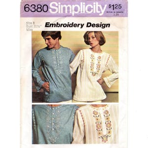 May include: Simplicity pattern 6380 featuring an embroidery design. The pattern includes a size 8 with a bust of 31.5 inches. The image shows a blue shirt and a white shirt with embroidered details. The text "Embroidery Design" is visible.