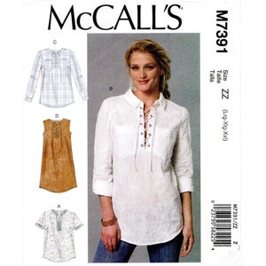 Size L-XXL Pullover Tops & Dress w/ Laced Front Band, Collar, Sleeve Options, Uncut Sewing Pattern