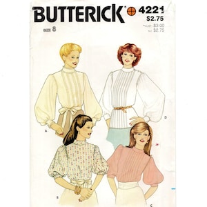 Size 8 Full Sleeve Blouse w/ Standing Collar, Shoulder Buttons, Uncut Sewing Pattern, Vintage 70s