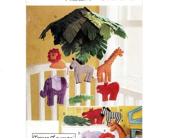 Jungle Animal Pillows & Matching Mobile, w/ Lion, Zebra, Giraffe, Elephant, Hippo, Alligator, Uncut Sewing Pattern