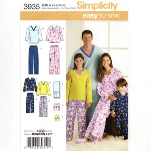 May include: Simplicity sewing pattern 3935 for pajamas. The pattern includes various pajama styles, with options for long-sleeved tops and pants. The image shows a family wearing the finished pajamas. The pattern is easy-to-sew.