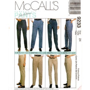 May include: A McCall's 9233 sewing pattern envelope for pants in size 24. The front displays eight variations of trousers in blue and beige, showcasing slim, pleated, and relaxed fits. The text includes McCall's, Perfect Fit, and 9233.