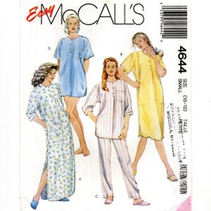 May include: Easy McCall's 4644 sewing pattern envelope for size small. The illustration displays four loungewear options: a long floral nightgown, a short blue nightshirt, a striped pajama set with a button-front top, and a yellow nightshirt.