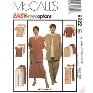 May include: A McCall's 9222 sewing pattern envelope featuring illustrations of various clothing options including jackets, skirts, pants, and tops. The text includes "McCALL'S", "EASY ENDLESS options", "9222", "Size H (22W, 24W, 26W, 40, 42, 44)", and "PETITE-ABLE".
