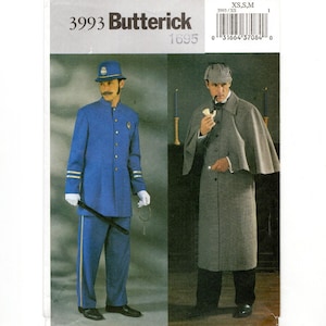 May include: Butterick pattern 3993 featuring two costume designs. One is a blue uniform with gold accents, a hat, and a baton. The other is a gray coat with a cape, a hat, and a pipe. The pattern number 1695 is also visible.