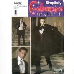 May include: Simplicity costume pattern for adults. The pattern features images of men's formal wear, including a tuxedo and a Phantom of the Opera costume. The pattern includes sizes XS to XL. The cover has the text "Costumes for adults".