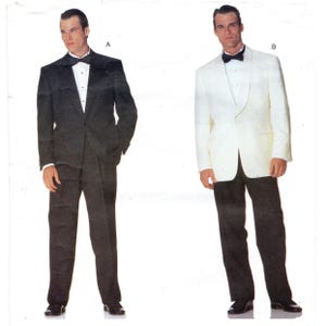 May include: Two formal suits are displayed. One is a black tuxedo with a black bow tie, white dress shirt, and black trousers. The other is a white tuxedo jacket with a black bow tie, white dress shirt, and black trousers. Both outfits are classic formal wear.