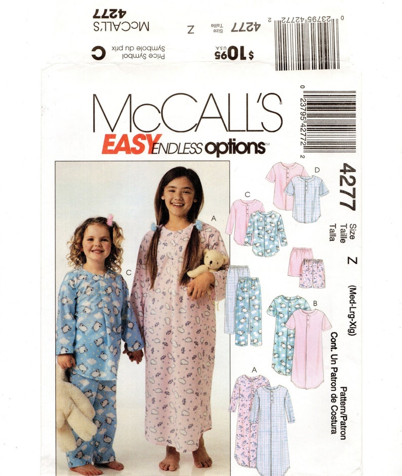 Size M L XL, 7-14, Girls Pajamas & Nightgowns, in 2 Lengths, Pre-cut ...