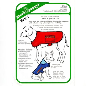 May include: A product package for a dog coat, featuring illustrations of dogs wearing red and blue coats. The package includes text about the coat's features, such as reflective tape, Velcro closures, and waterproof fabric options. The brand name is "The Green Pepper Inc."