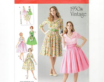 Size 8-16 Shirtdress w/ Cummerbund, Wide Collar, Sleeve Options, Uncut Sewing Pattern, 1950s Repro