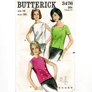 May include: A vintage Butterick sewing pattern featuring illustrations of three different tops. The pattern includes sizes 10-18, with a bust size of 36. The price is 50 cents, and 60 cents in Canada. The tops are in white, green, and pink.