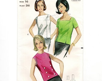 Size 16 Blouses w/ Princess Seams, Back Buttons, Neckline & Sleeve Options, Uncut Sewing Pattern, 1960s