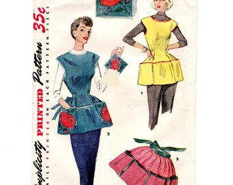 Size S or L Smock Aprons, Half Apron & Pot Holder, Applique + Embroidery Transfers, Pre-Cut Sewing Pattern 1950s